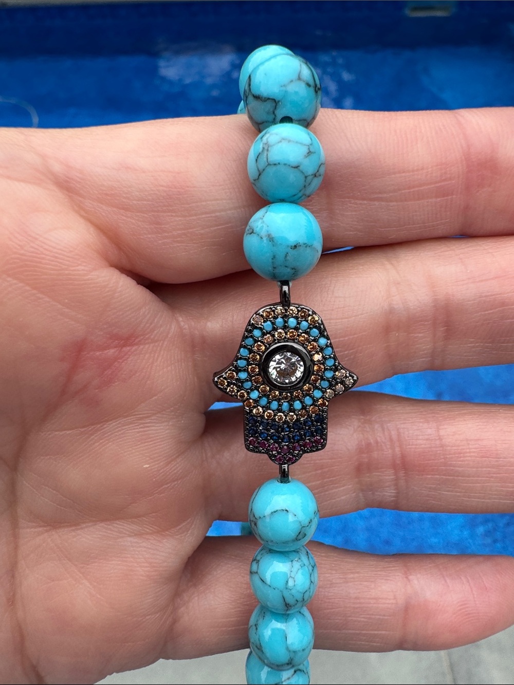 Blue turquoise 8mm stretch bracelet with hamsa